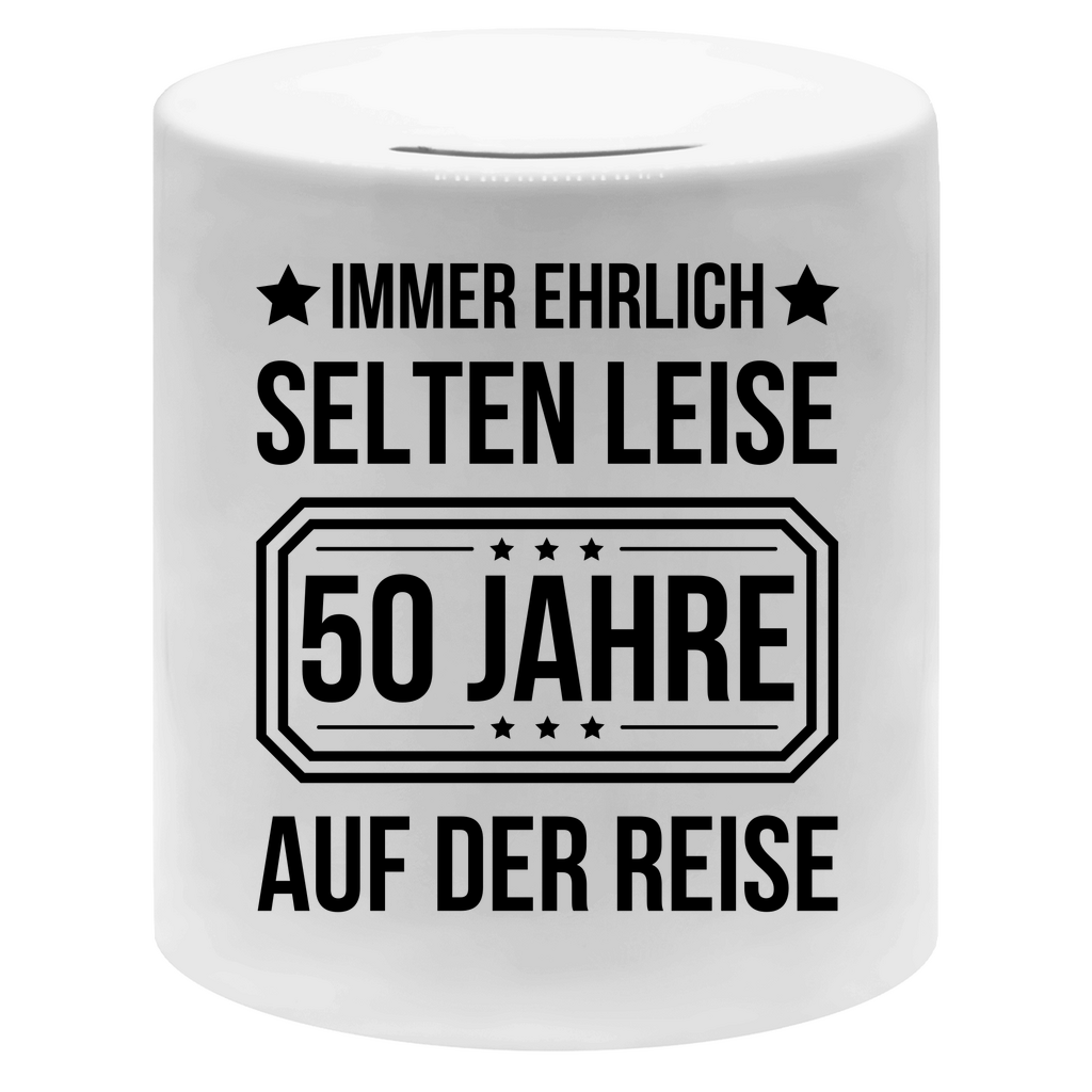 Spardose "Immer ehrlich, selten leise, 50 Jahre auf der Reise"