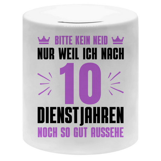 Spardose "Nach 10 Dienstjahren noch so gut aussehe" (Lila Motiv)