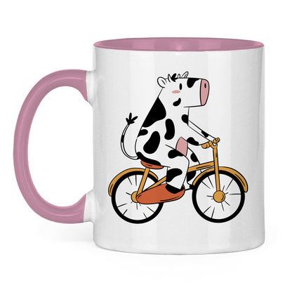 Tasse zweifarbig "Kuh mit Fahrrad"
 Pink