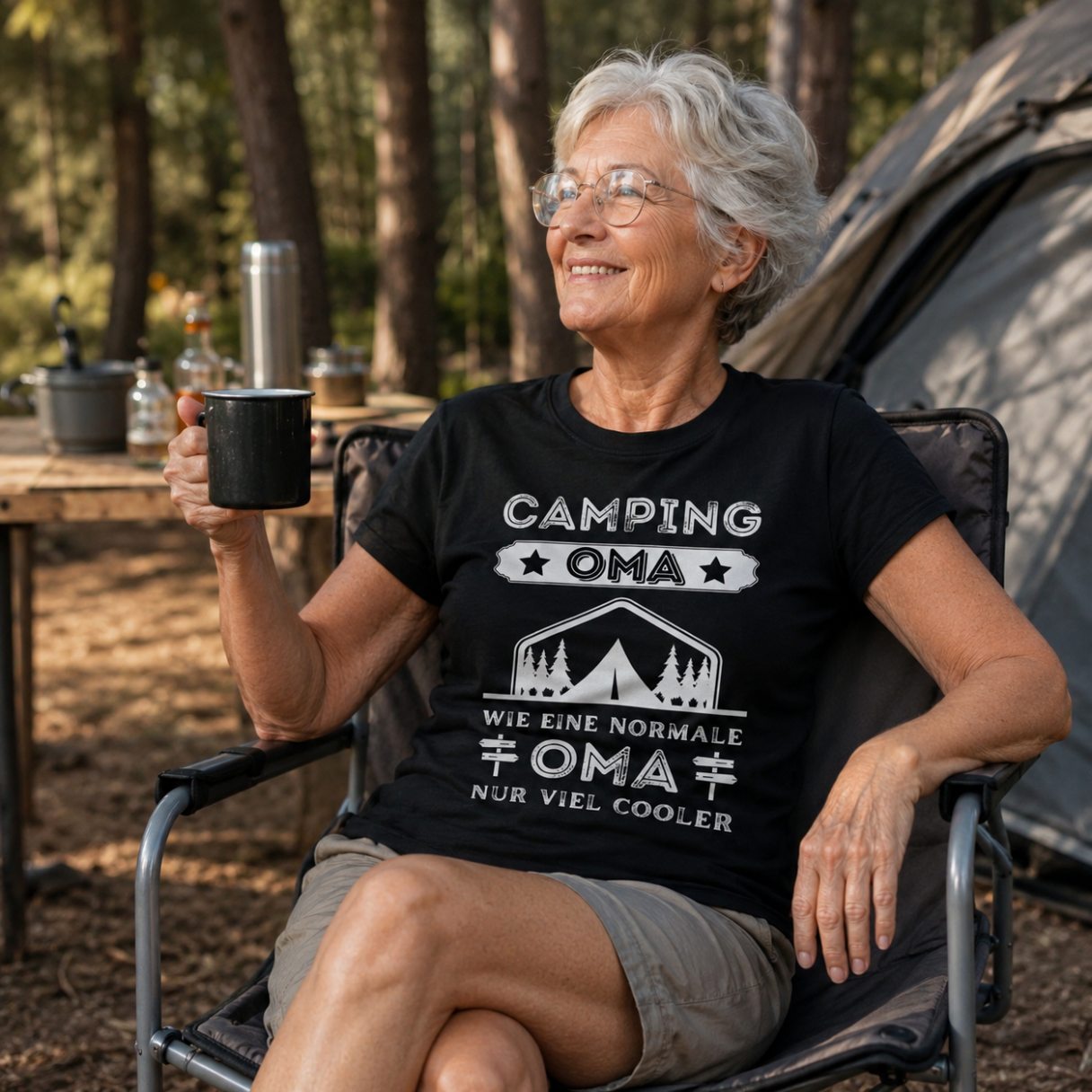 Frauen T-Shirt "Camping Oma, wie eine normale Oma, nur viel cooler" Lifestylebild