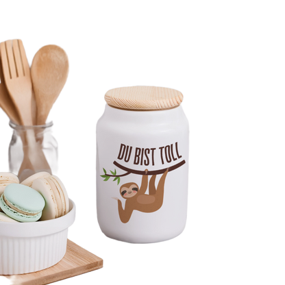 Keksdose mit Holzdeckel "Du bist toll" (Faultier Motiv)