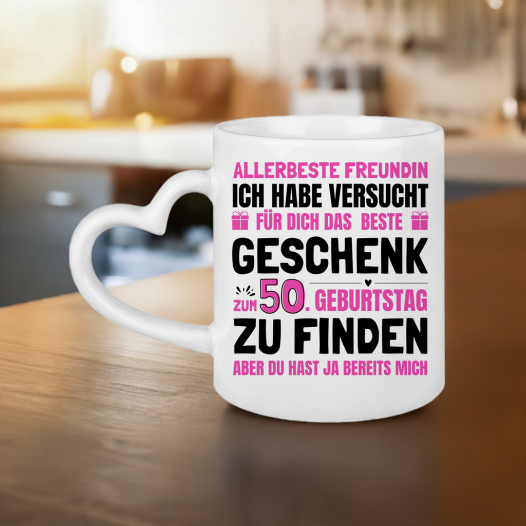 Tasse mit Herzhenkel "Allerbeste Freundin - Bestes Geschenk zum 50. Geburtstag"