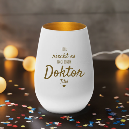 Windlicht "Hier riecht es nach einem Doktortitel"