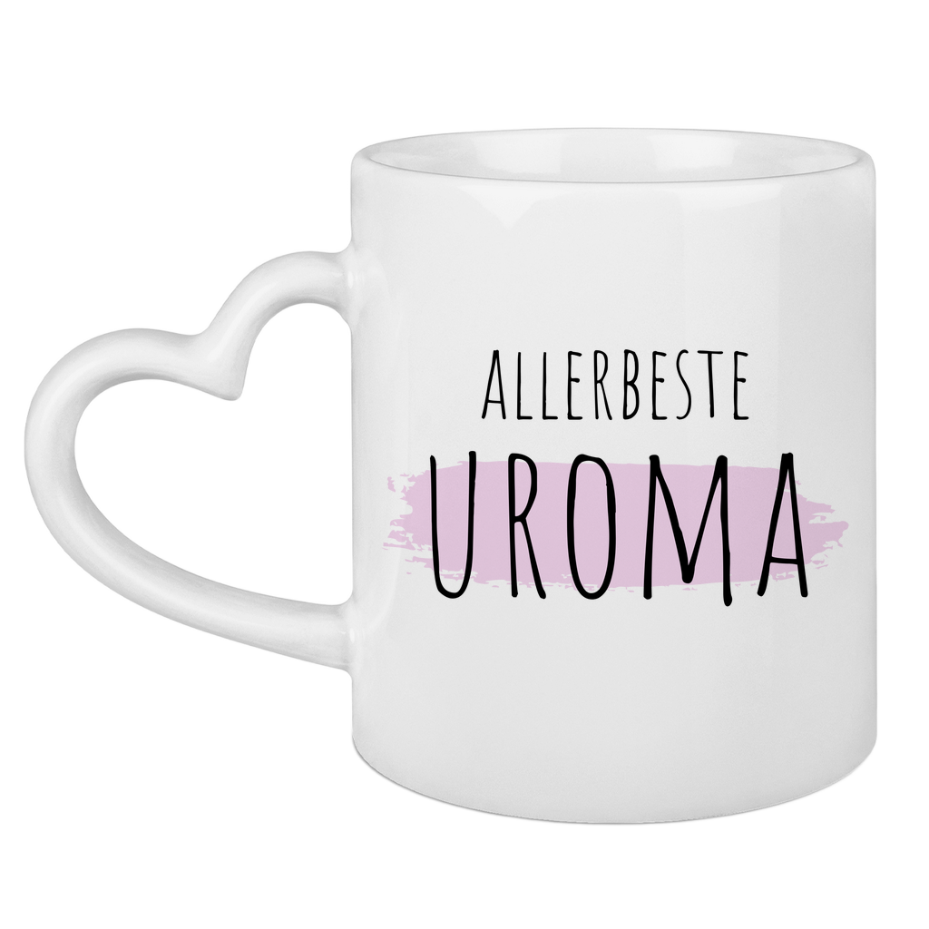 Tasse mit Herzhenkel "Allerbeste Uroma" (Hintergrund-Motiv)