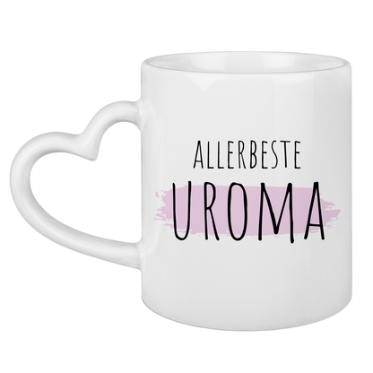 Tasse mit Herzhenkel "Allerbeste Uroma" (Hintergrund-Motiv)