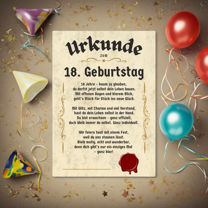Urkunde zum 18. Geburtstag