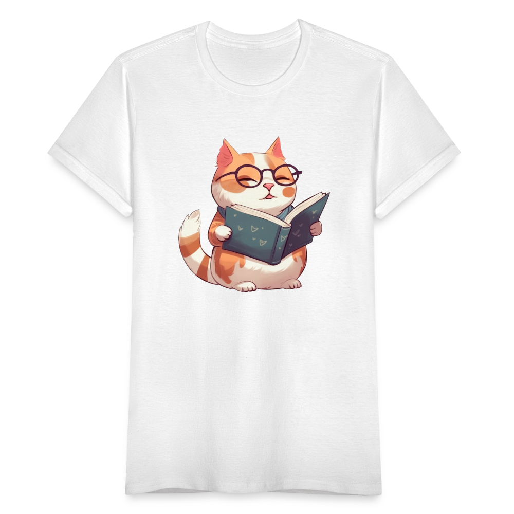 Frauen T-Shirt "Katze liest ein Buch" - weiß