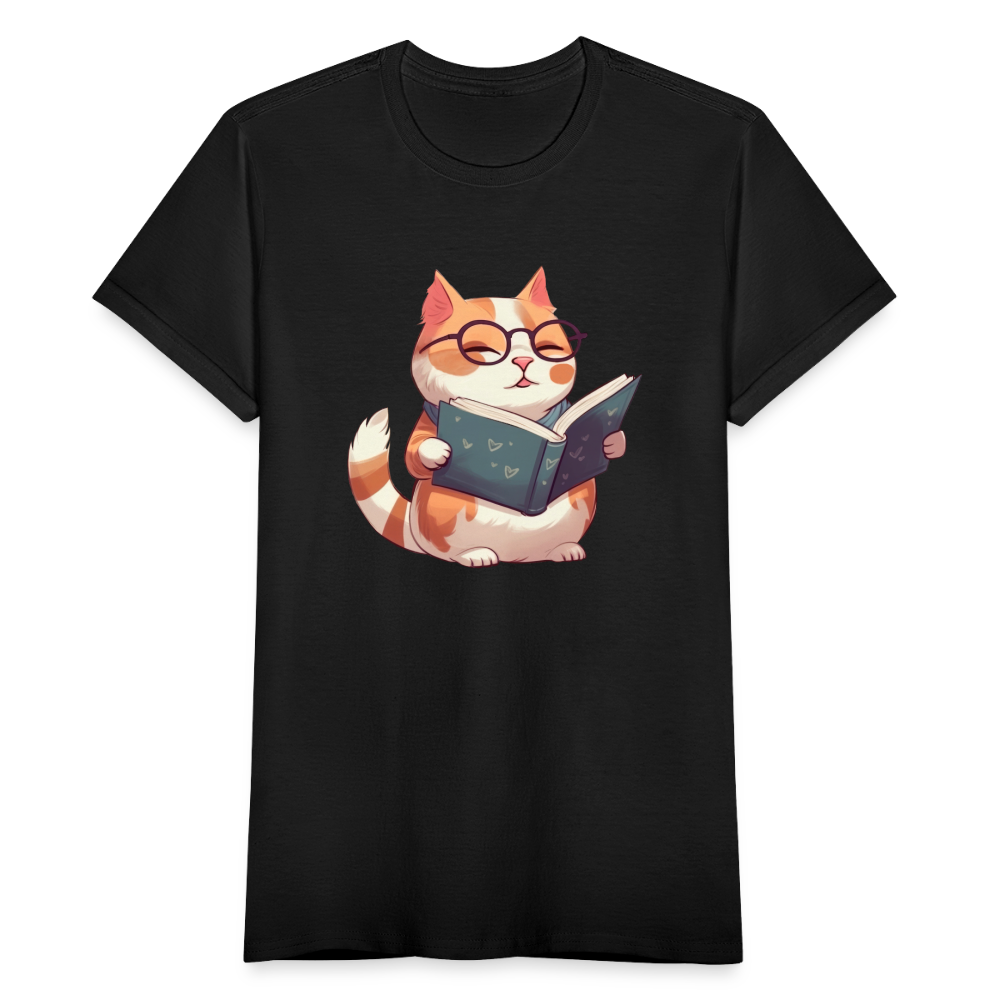 Frauen T-Shirt "Katze liest ein Buch" - Schwarz