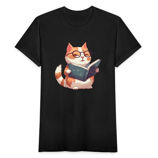 Frauen T-Shirt "Katze liest ein Buch" - Schwarz
