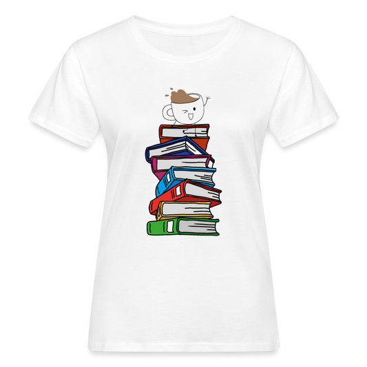 Frauen Bio T-Shirt "Bücher mit Kaffeetasse" - weiß