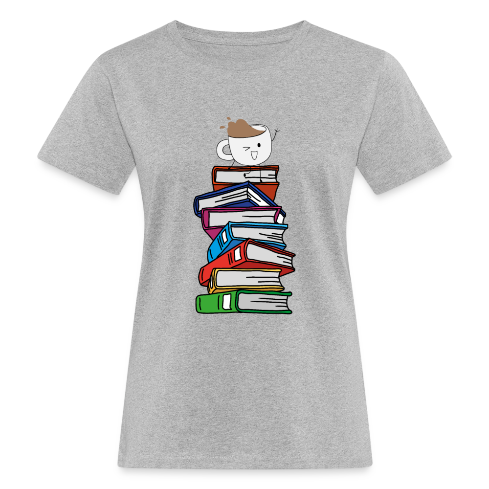Frauen Bio T-Shirt "Bücher mit Kaffeetasse" - Grau meliert