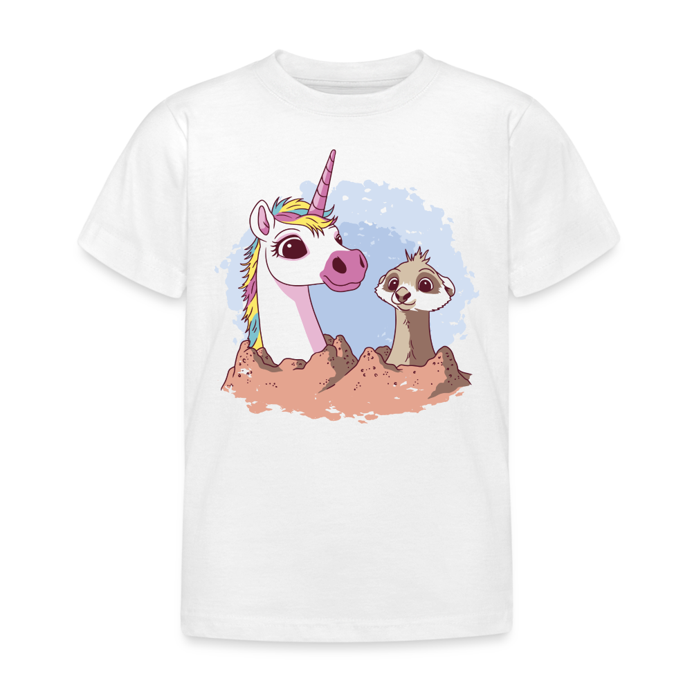 Kinder T-Shirt "Einhorn mit Erdmännchen" - weiß