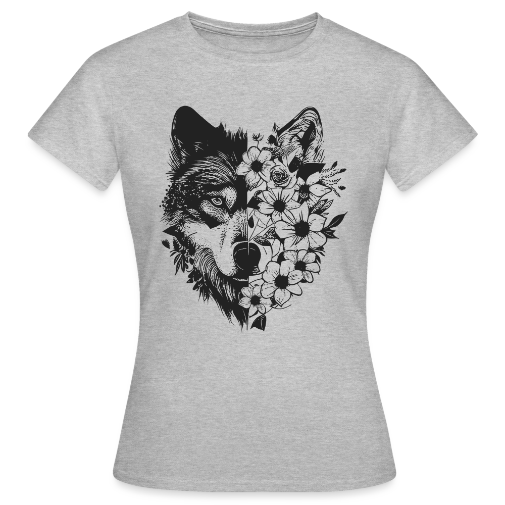 Frauen T-Shirt "Wolf mit Blumenmotiv" - Grau meliert