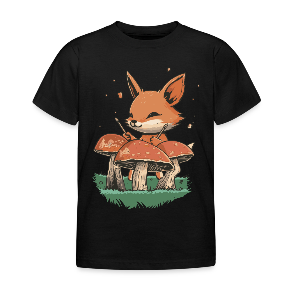 Kinder T-Shirt "Fuchs spielt mit Pilzen" - Schwarz