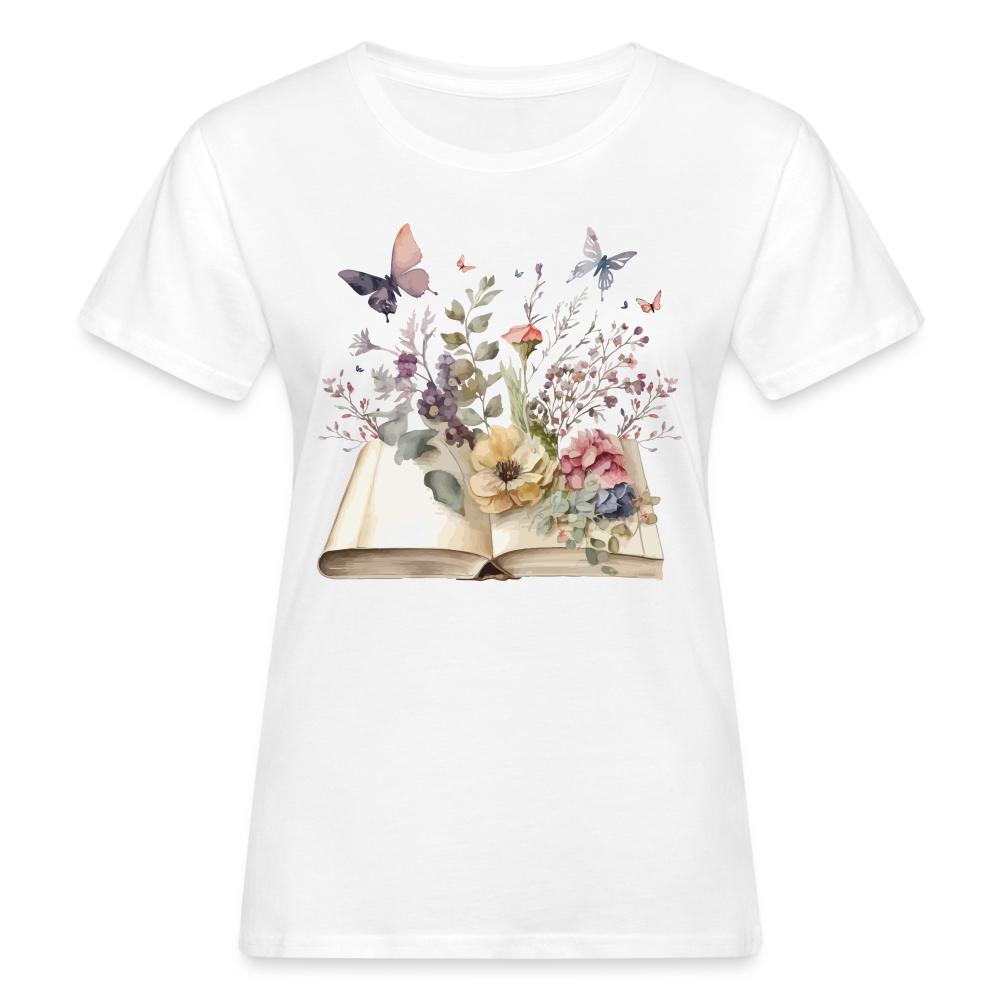 Frauen Bio-T-Shirt "Buch mit Blumen" - weiß