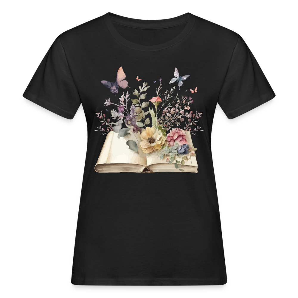 Frauen Bio-T-Shirt "Buch mit Blumen" - Schwarz