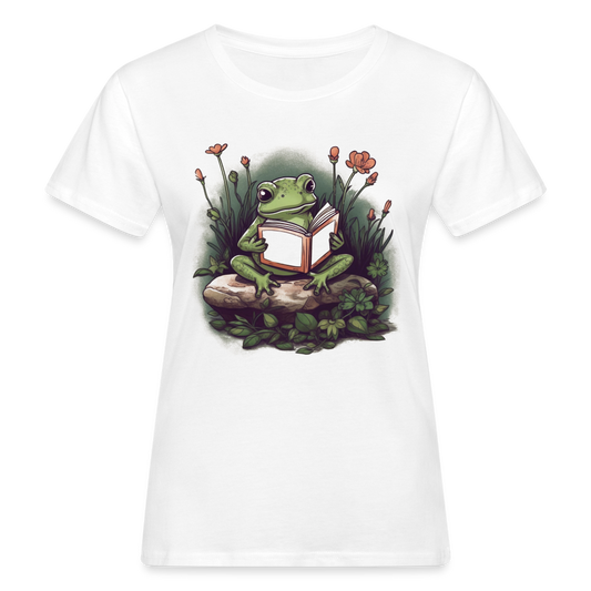 Frauen Bio-T-Shirt "Frosch liest Buch" - weiß