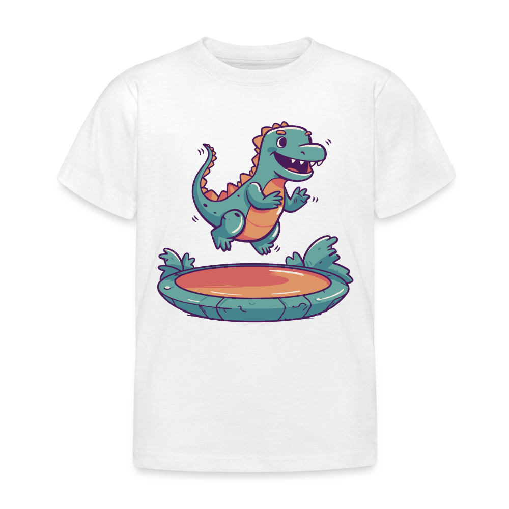 Kinder T-Shirt "Dinosaurier springt auf dem Trampolin" - weiß