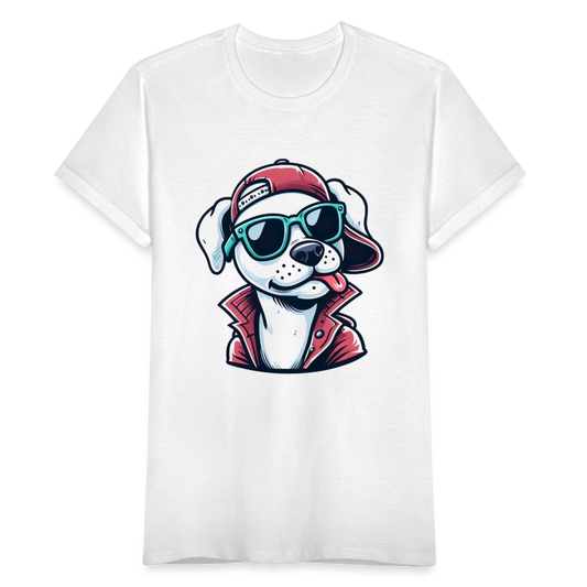 Frauen T-Shirt "Cooler Hund mit Sonnenbrille und Cap" - weiß