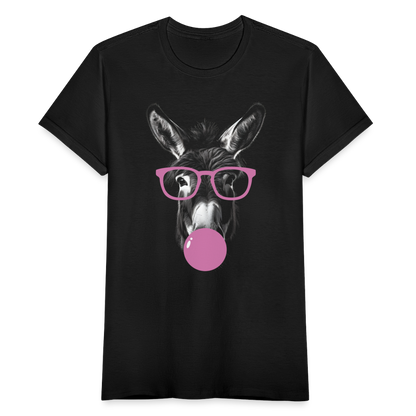 Frauen T-Shirt "Esel kaut Kaugummi und macht Kaugummiblase" - Schwarz