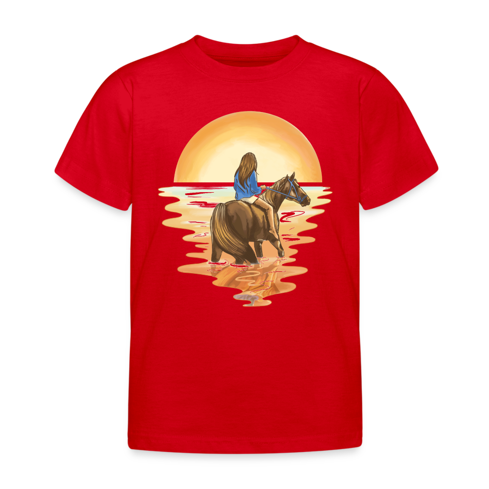 Kinder T-Shirt "Mädchen mit Pferd im Sonnenuntergang" - Rot