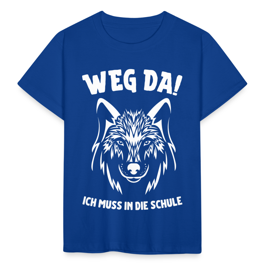 Kinder T-Shirt "Weg da! Ich muss in die Schule" (Wolfmotiv) - Royalblau