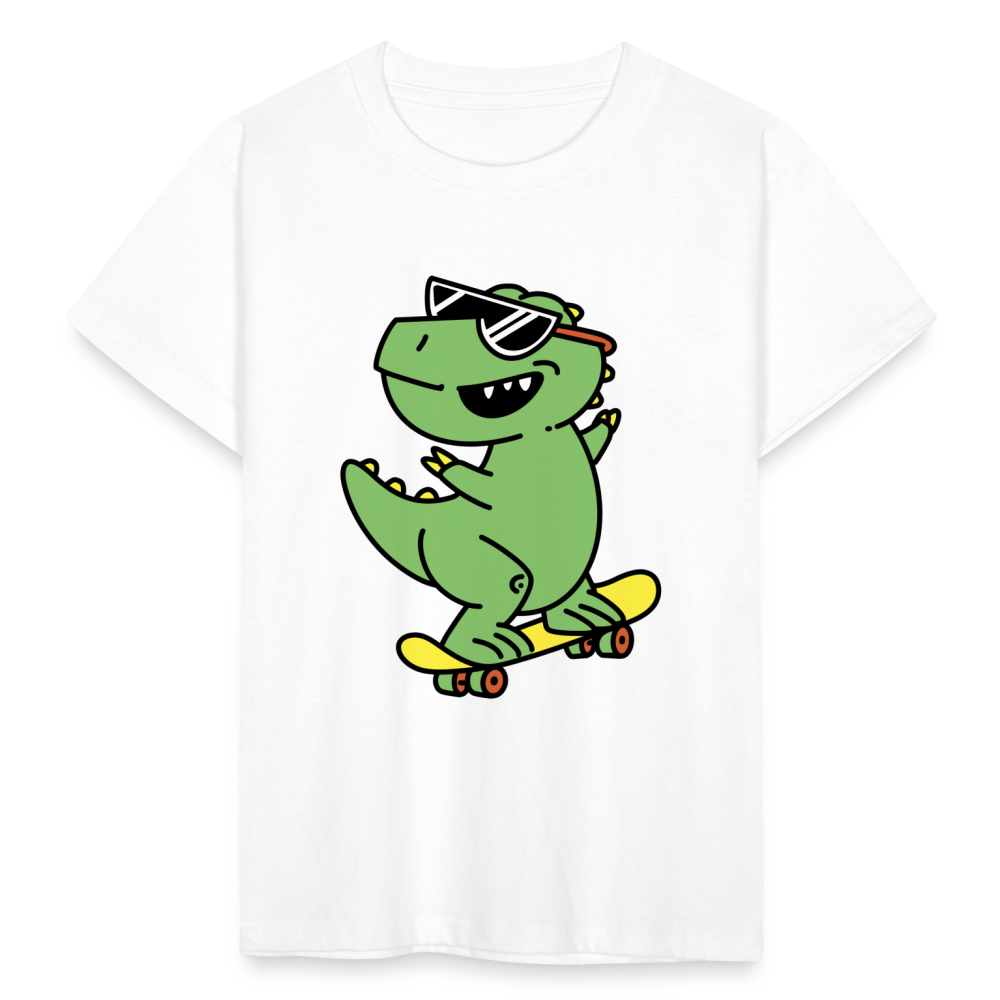 Kinder T-Shirt "Cooler Dinosaurier mit Skateboard" - weiß