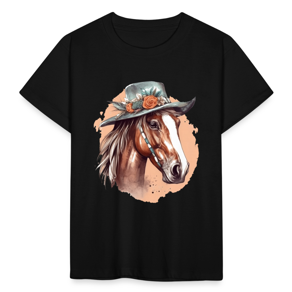 Kinder T-Shirt "Pferd mit wunderschönem Hut" - Schwarz