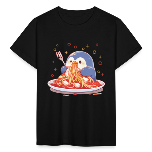 Kinder T-Shirt "Pinguin mit Spaghetti" - Schwarz