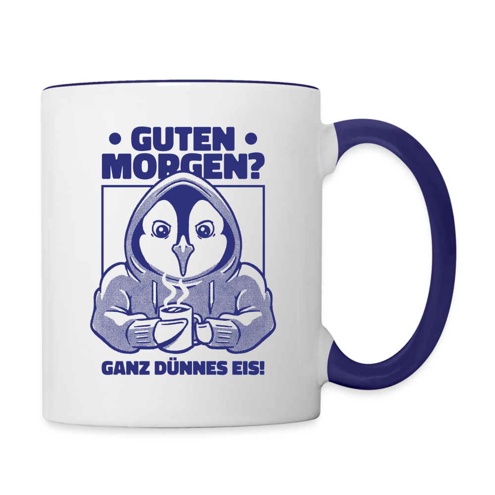 Tasse "Guten Morgen? Ganz dünnes Eis!" (Pinguin) - Weiß/Kobaltblau