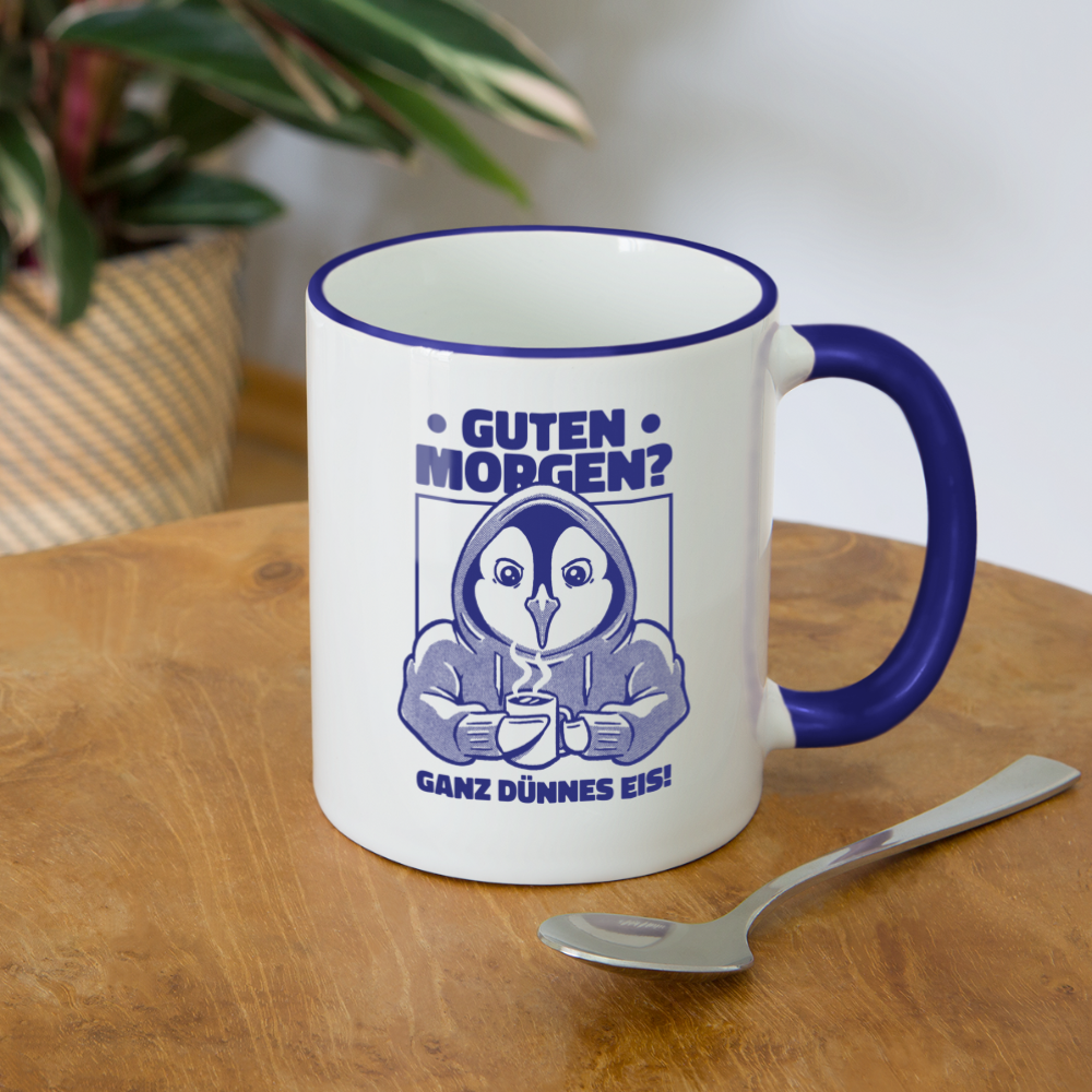 Tasse "Guten Morgen? Ganz dünnes Eis!" (Pinguin) - Weiß/Kobaltblau