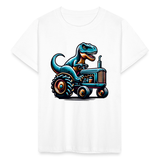 Kinder T-Shirt "Dinosaurier fährt Traktor" - weiß