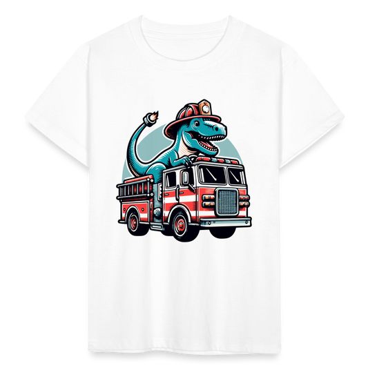 Kinder T-Shirt "Dinosaurier fährt Feuerwehrauto" - weiß