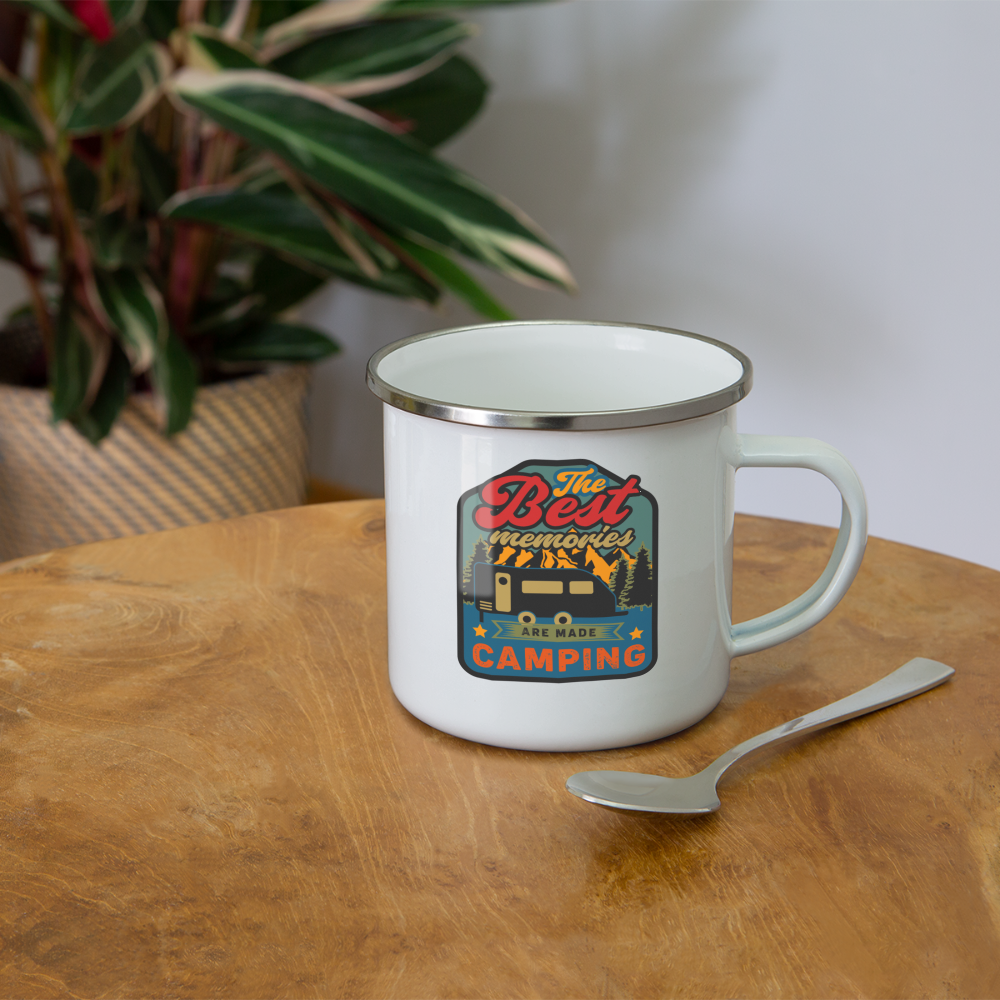 Emaille-Tasse "The best memories are made camping" - weiß