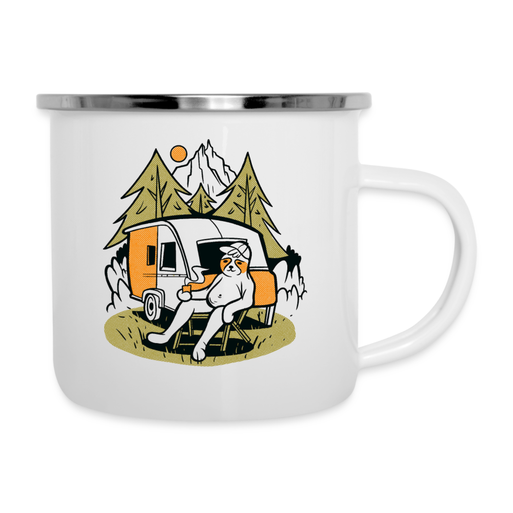 Emaille-Tasse "Faultier beim Camping" - weiß