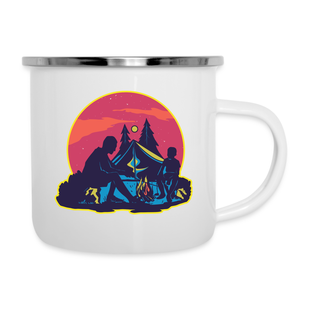 Emaille-Tasse "Vater und Sohn beim Campen" - weiß