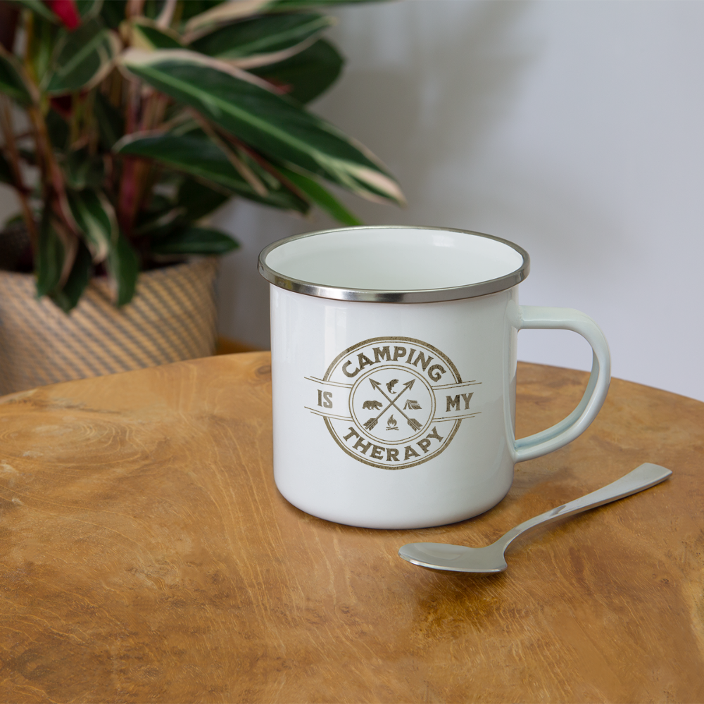 Emaille-Tasse "Camping is my therapy" (Vintage Style) - weiß