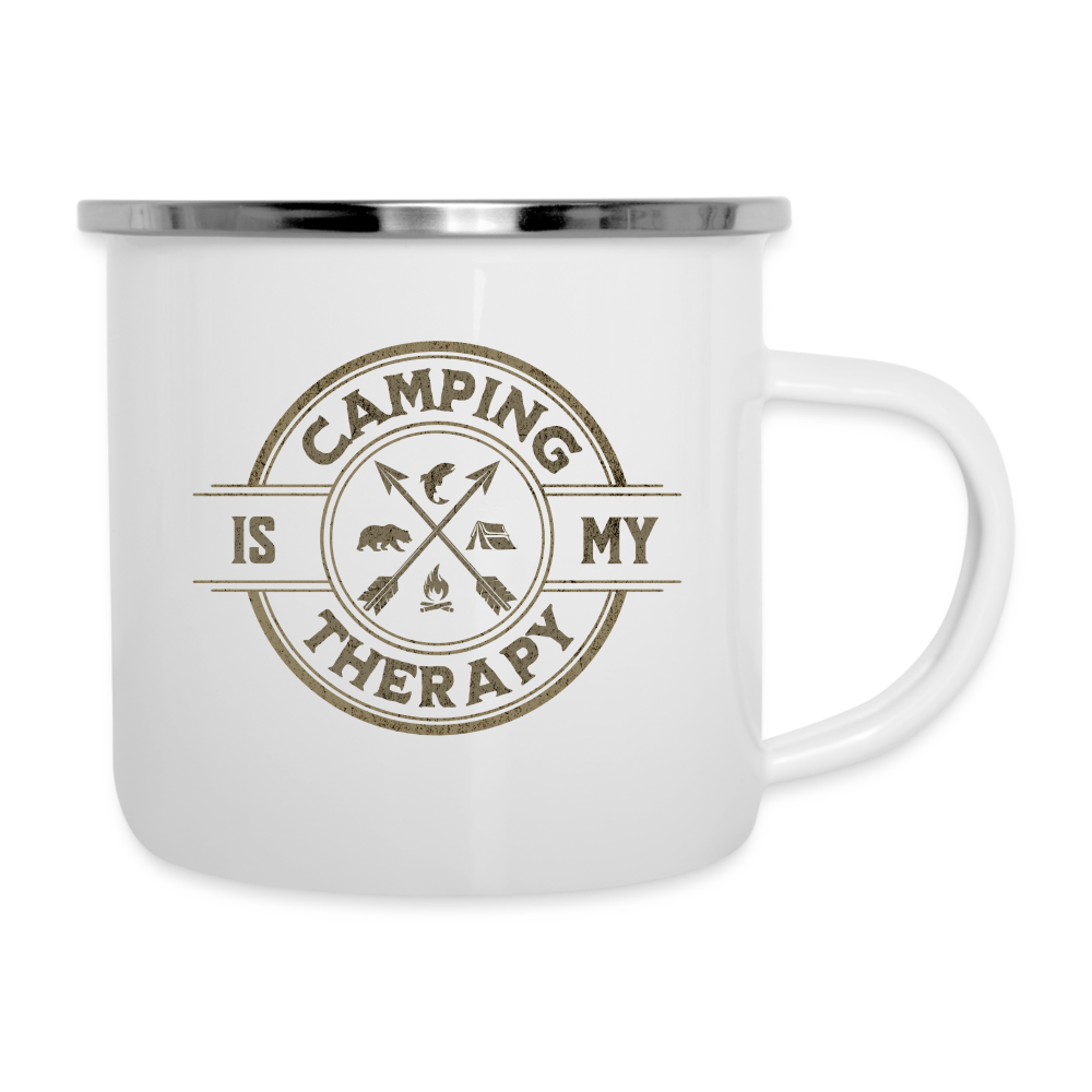 Emaille-Tasse "Camping is my therapy" (Vintage Style) - weiß