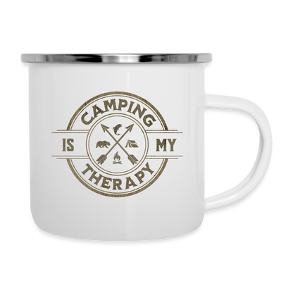 Emaille-Tasse "Camping is my therapy" (Vintage Style) - weiß
