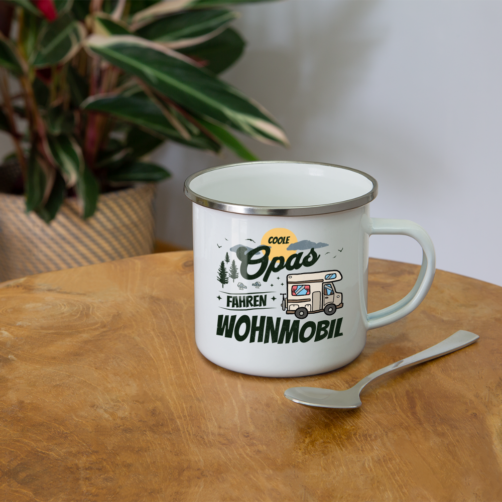 Emaille-Tasse "Coole Opas fahren Wohnmobil" - weiß