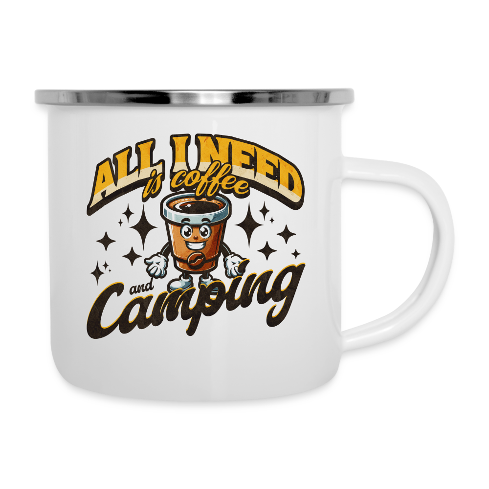 Emaille-Tasse "All i need is coffee and camping" - weiß