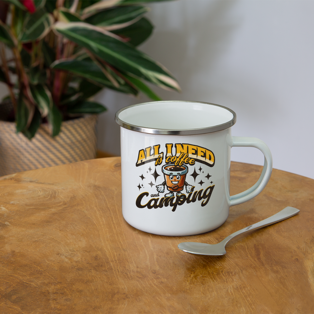 Emaille-Tasse "All i need is coffee and camping" - weiß