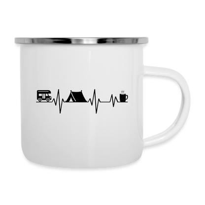 Emaille-Tasse "Wohnwagen, Campingzelt und Kaffee" - weiß