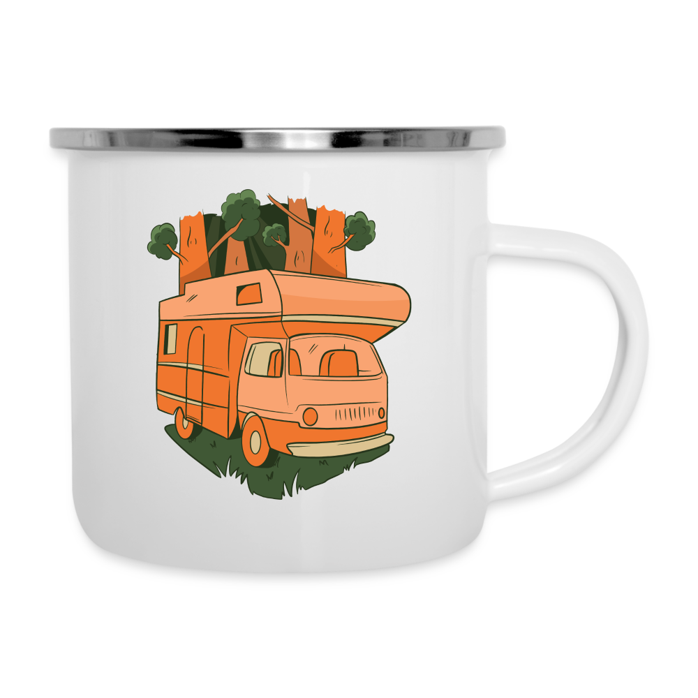 Emaille-Tasse "Wohnmobil im Wald" - weiß