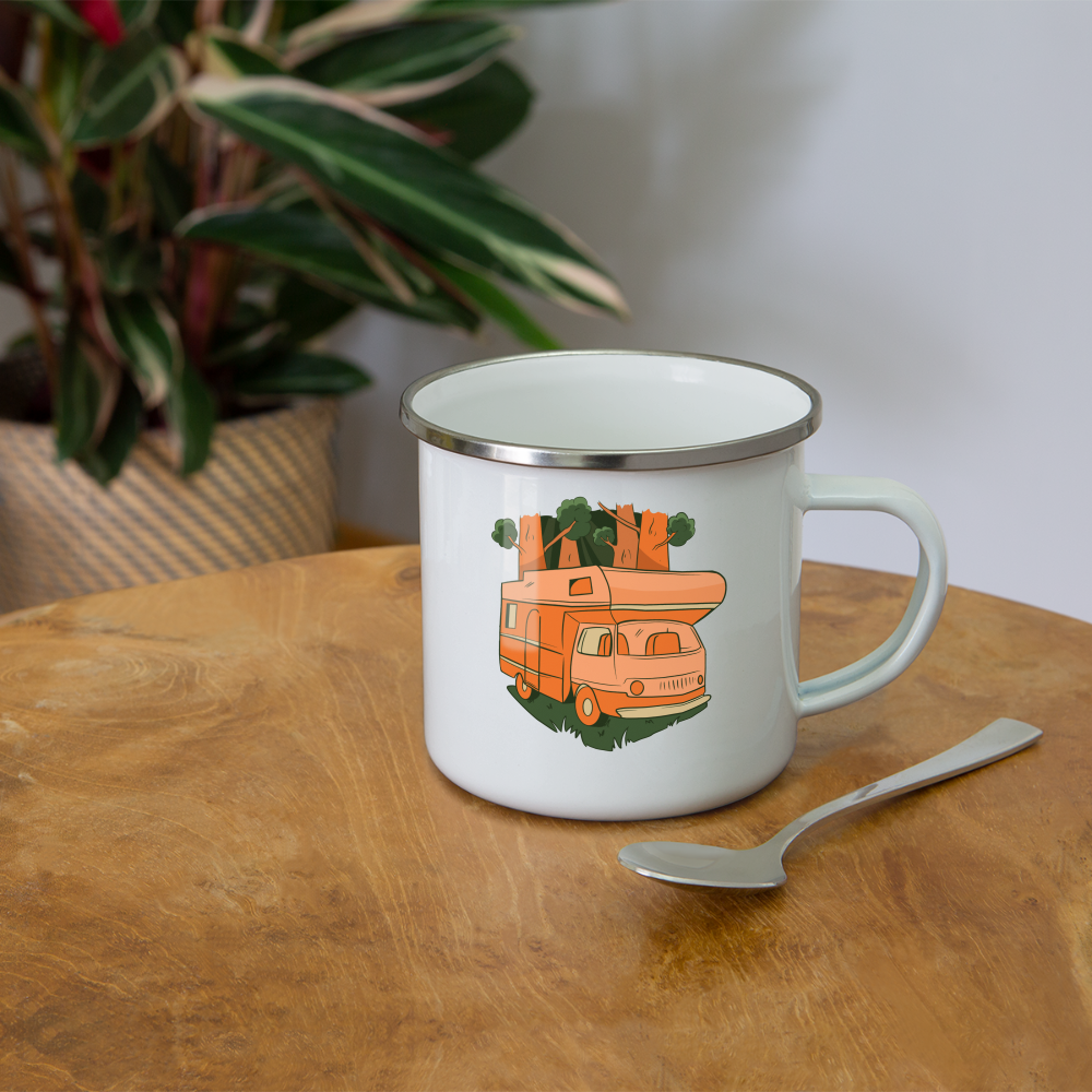 Emaille-Tasse "Wohnmobil im Wald" - weiß