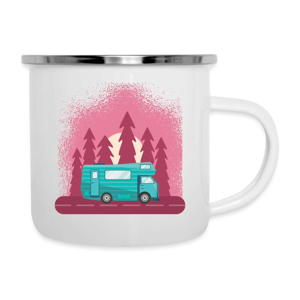 Emaille-Tasse "Wohnwagen Waldmotiv" - weiß