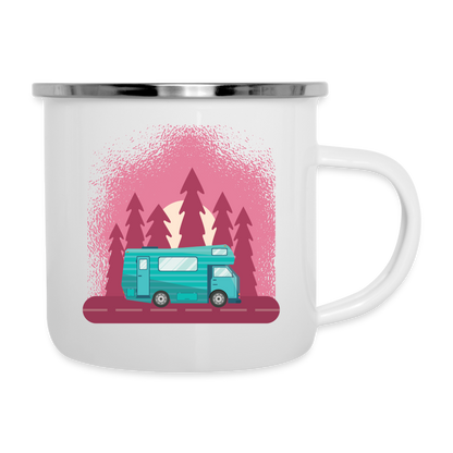 Emaille-Tasse "Wohnwagen Waldmotiv" - weiß