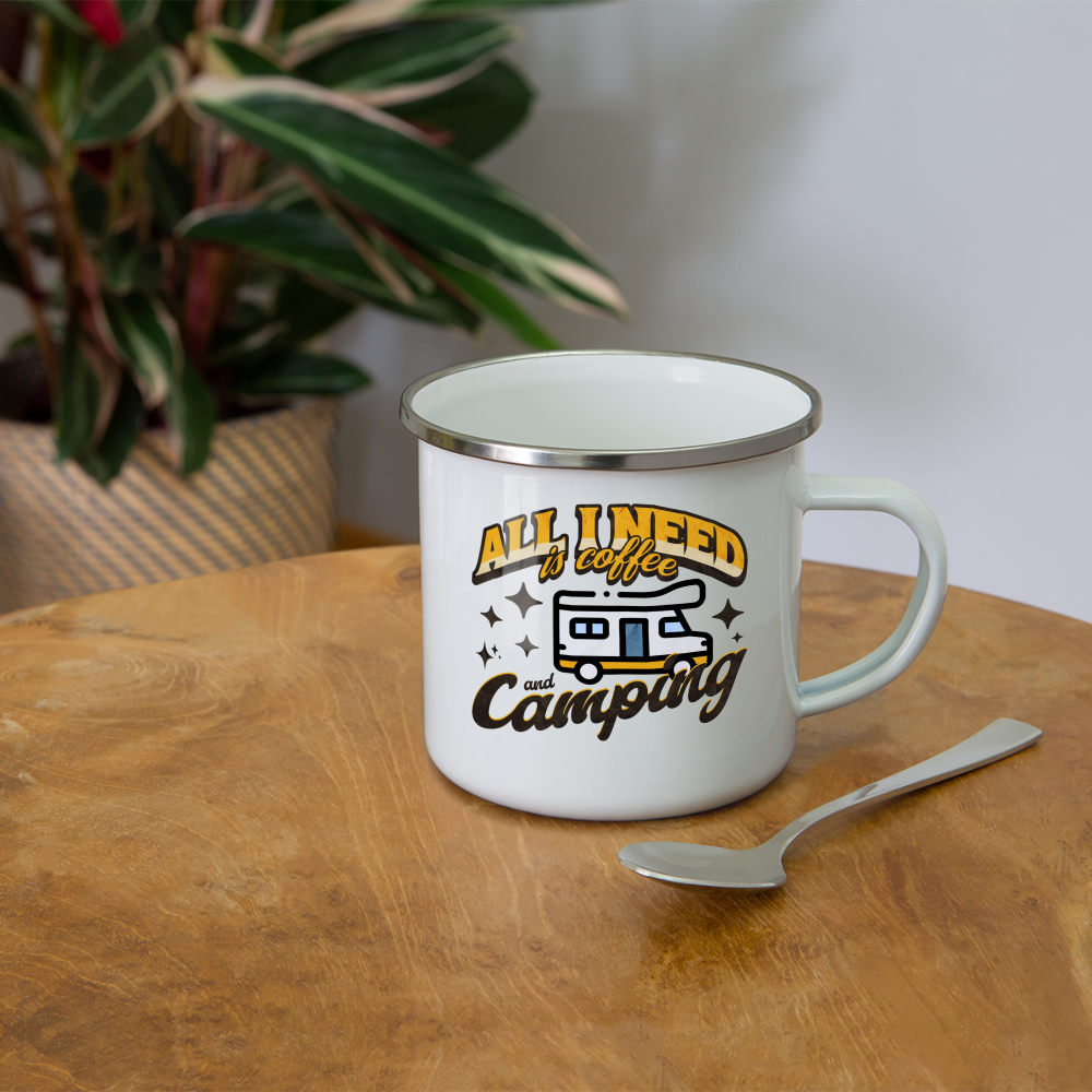 Emaille-Tasse "All i need is coffee and camping" (Wohnmobil-Motiv) - weiß