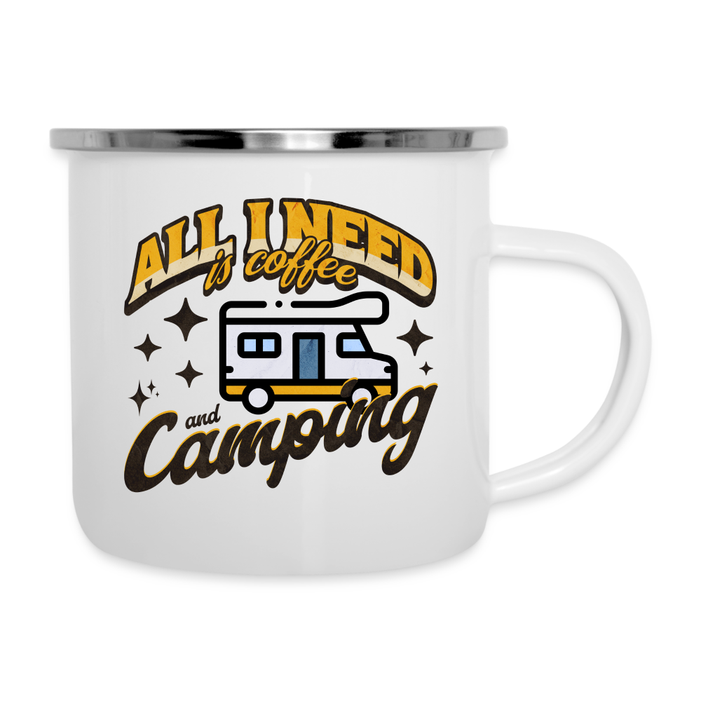 Emaille-Tasse "All i need is coffee and camping" (Wohnmobil-Motiv) - weiß