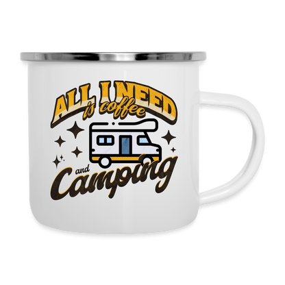 Emaille-Tasse "All i need is coffee and camping" (Wohnmobil-Motiv) - weiß